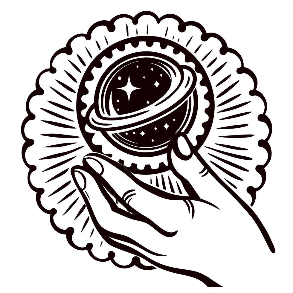 Vintage hand holding ornate sphere with celestial stars, cosmic planetary ring, and lacy decorative border illustration vector