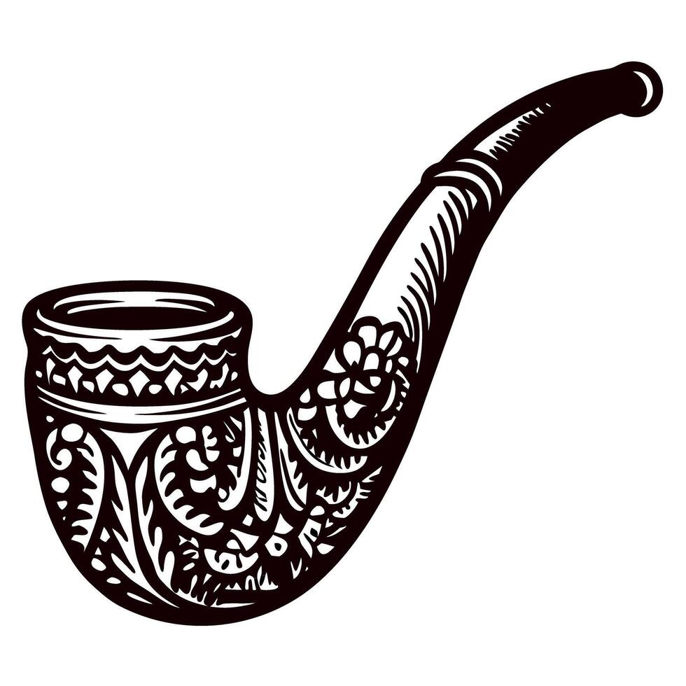 Ornate vintage smoking pipe sketch with floral patterns and intricate details isolated on white background vector