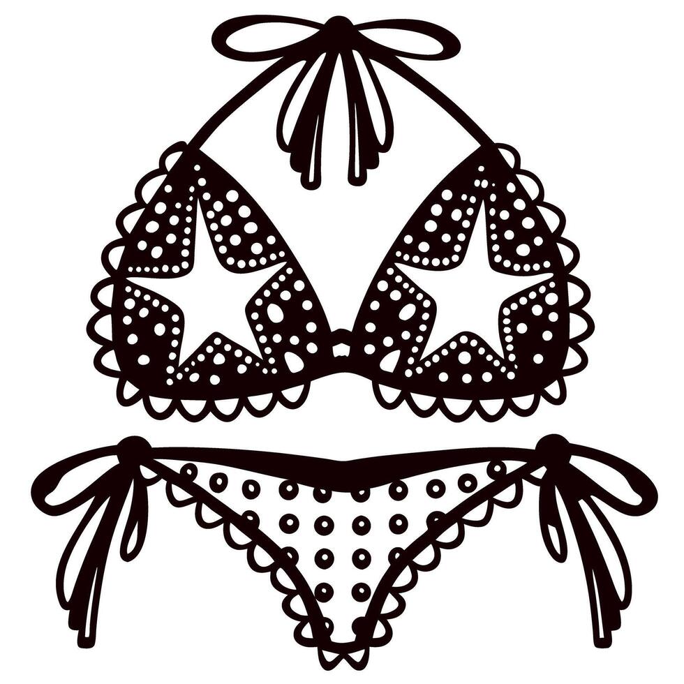 Stylized black bikini illustration with dot and star ornament, bows, and decorative scalloped edges on white background vector