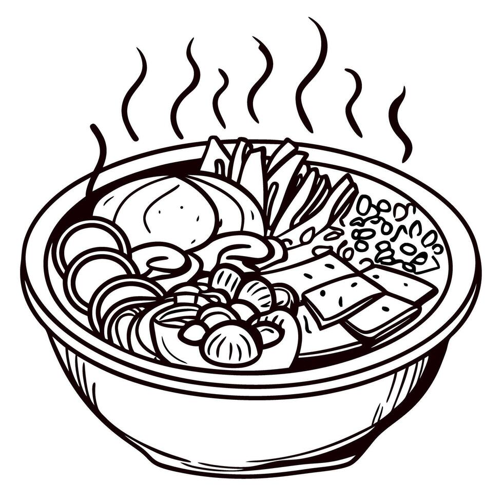 Hand drawn steaming asian noodle soup bowl with mushrooms, tofu, vegetables, eggs, and noodles, black line illustration vector