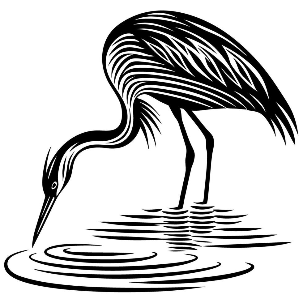 Elegant hand drawn heron wading in water with stylized feathers and curved neck illustration vector