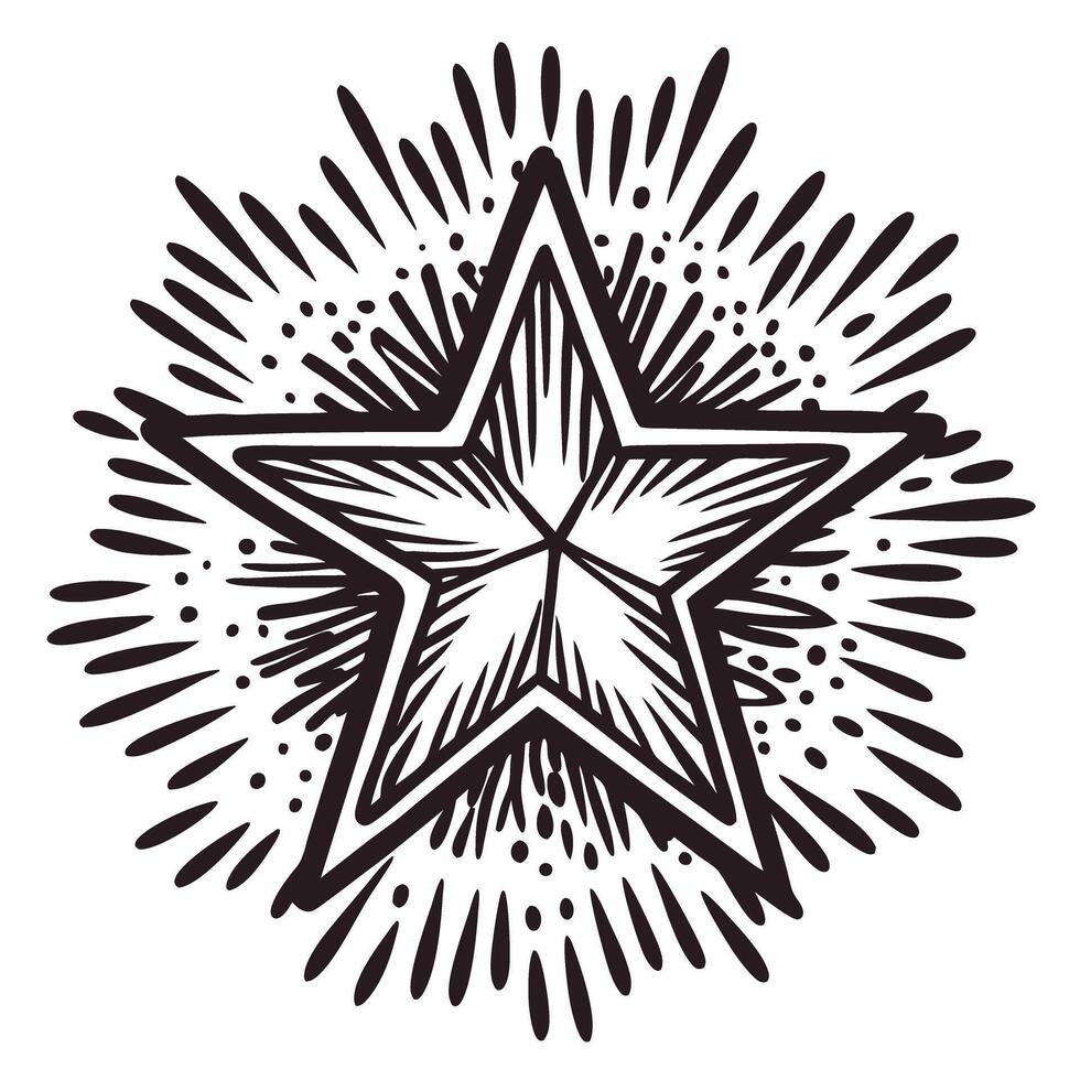 Decorative hand drawn five pointed star with radiant burst and detailed sketchy lines vector