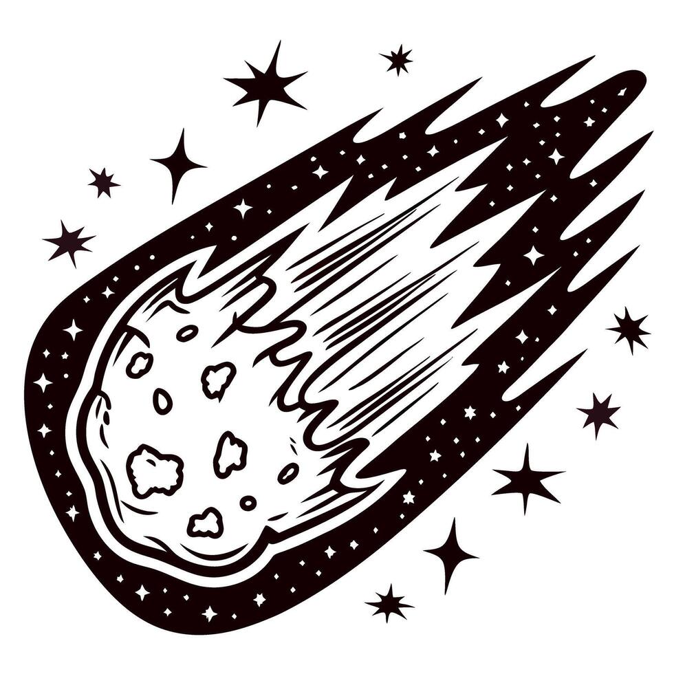 Hand drawn burning meteor flying through space with shining stars vintage engraved cosmic illustration vector