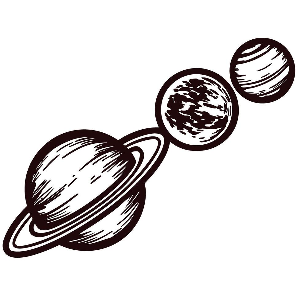 Artistic line drawing of planets in outer space featuring saturn with rings vector