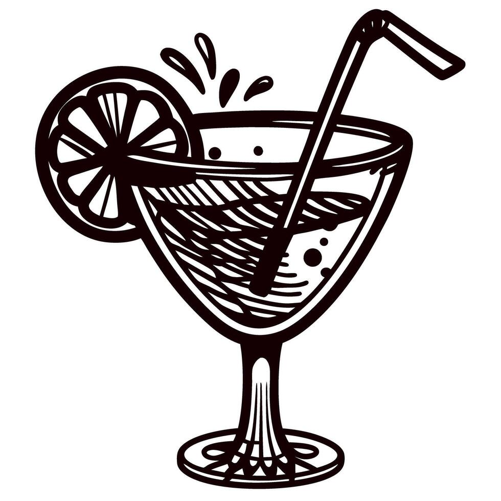 Hand drawn cocktail glass with lemon slice and straw vintage sketch illustration of refreshing drink splash vector