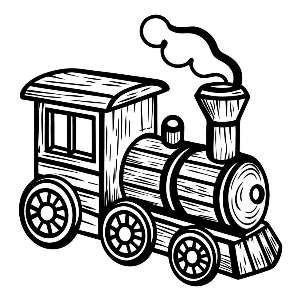 Vintage wooden toy train engine with steam, hand drawn black and white engraving illustration vector