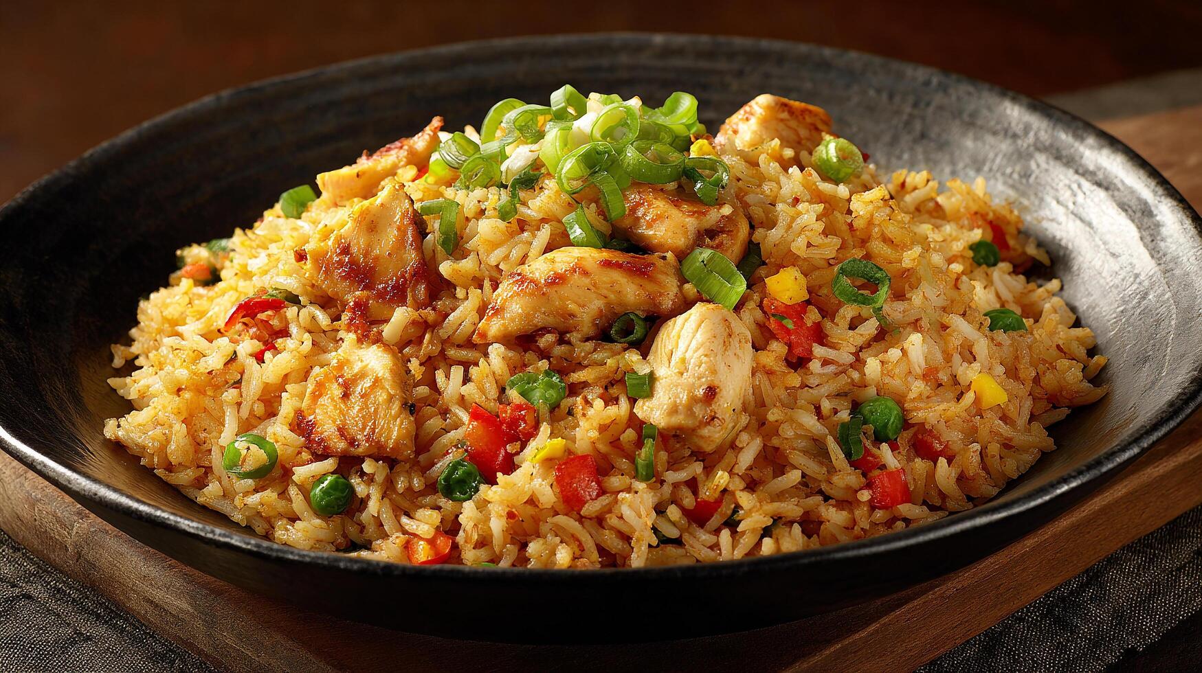 Chicken pulao image with realistic grain and spice detail photo