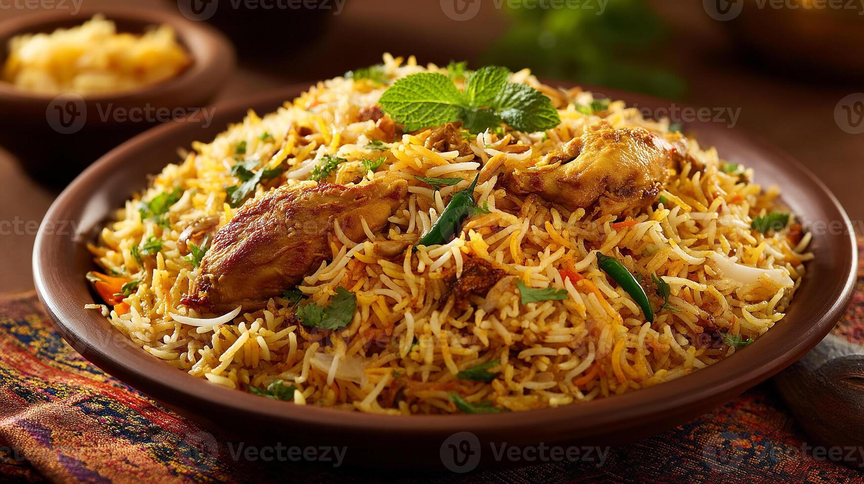Aromatic biryani with chicken leg in photorealistic style wallpaper photo