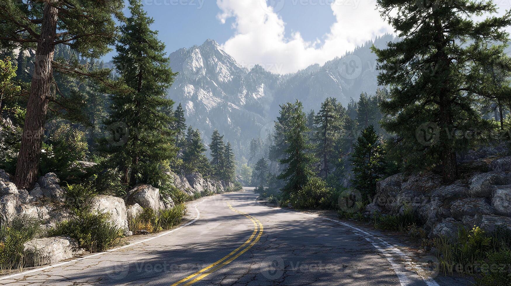 Scenic drive photo between textured land and trees