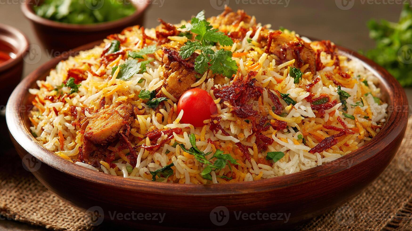Detailed textures on chicken pulao close-up photo