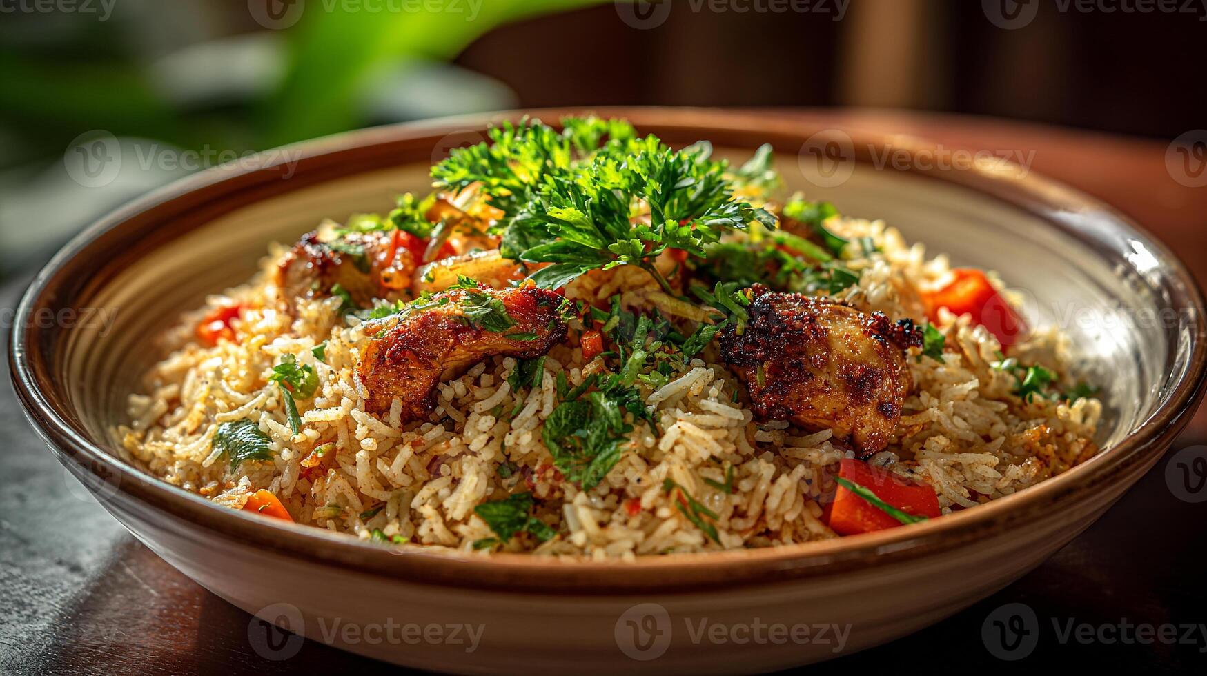 Professional photo of tasty chicken pulao dish