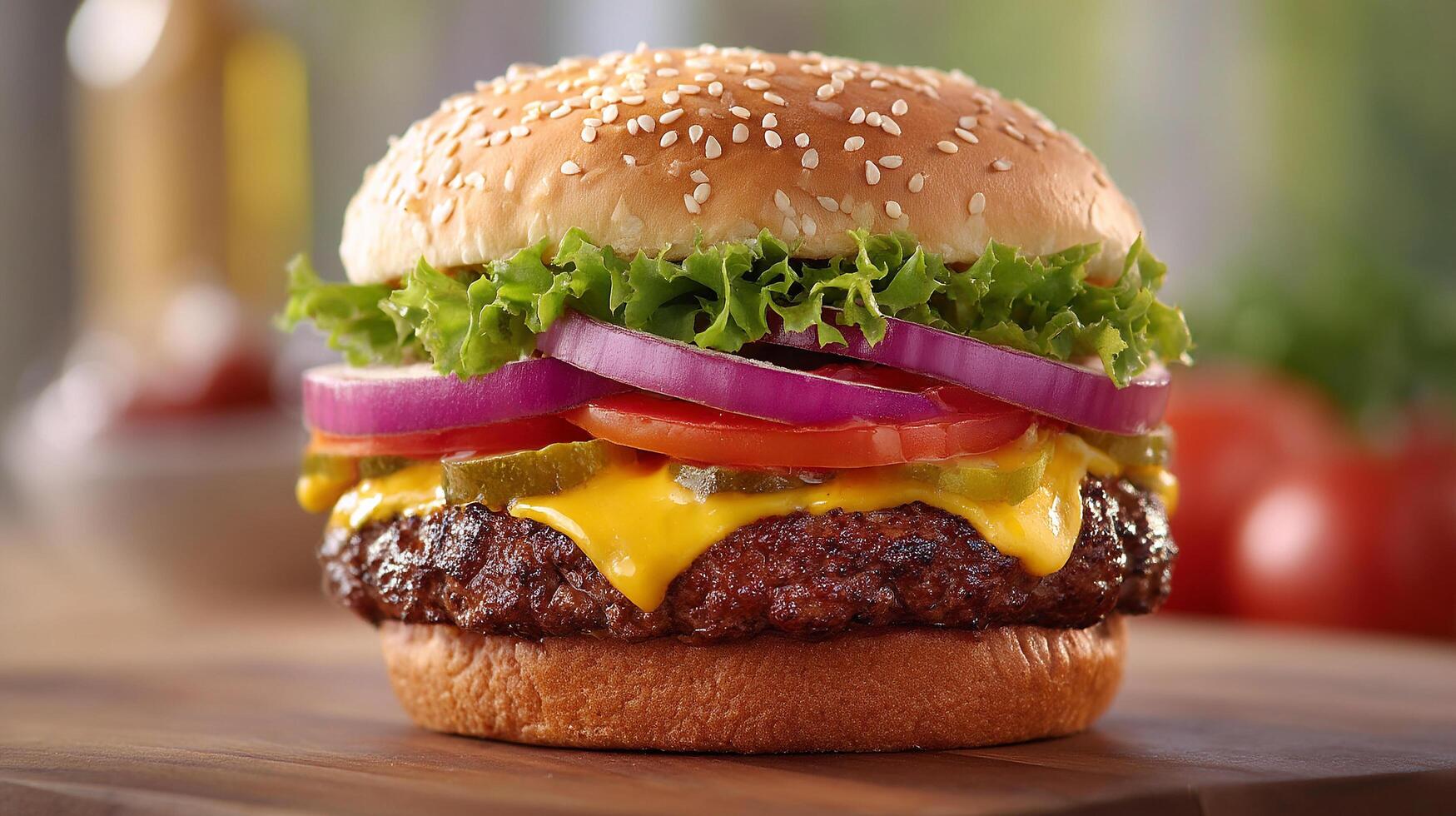 Closeup photography of cheeseburger with fresh vegetables and bun photo