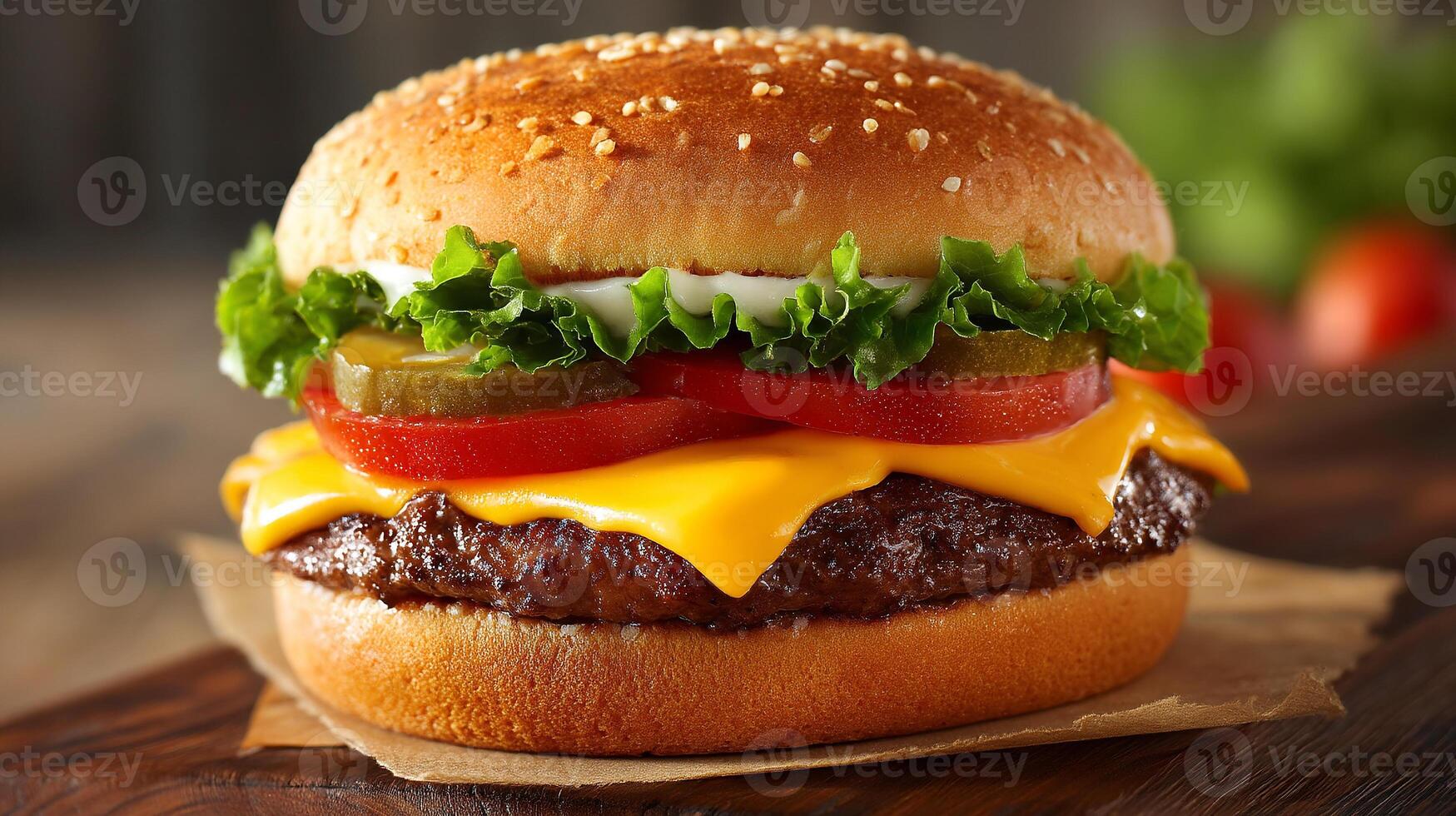Mouthwatering closeup photography of cheeseburger with melted cheese photo