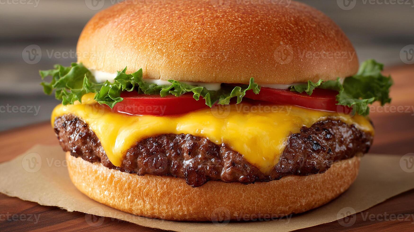 Full focus photography of cheeseburger with melted cheese slice photo