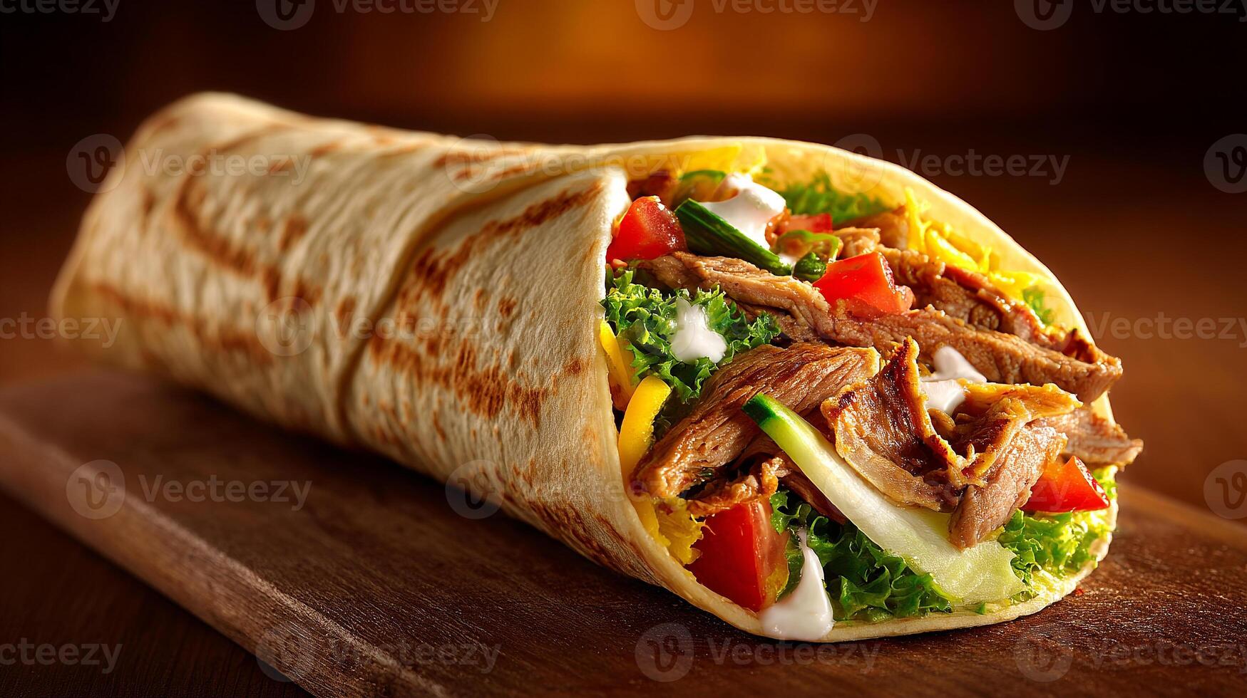 Fresh pita wrapped shawarma filled with beef photography photo