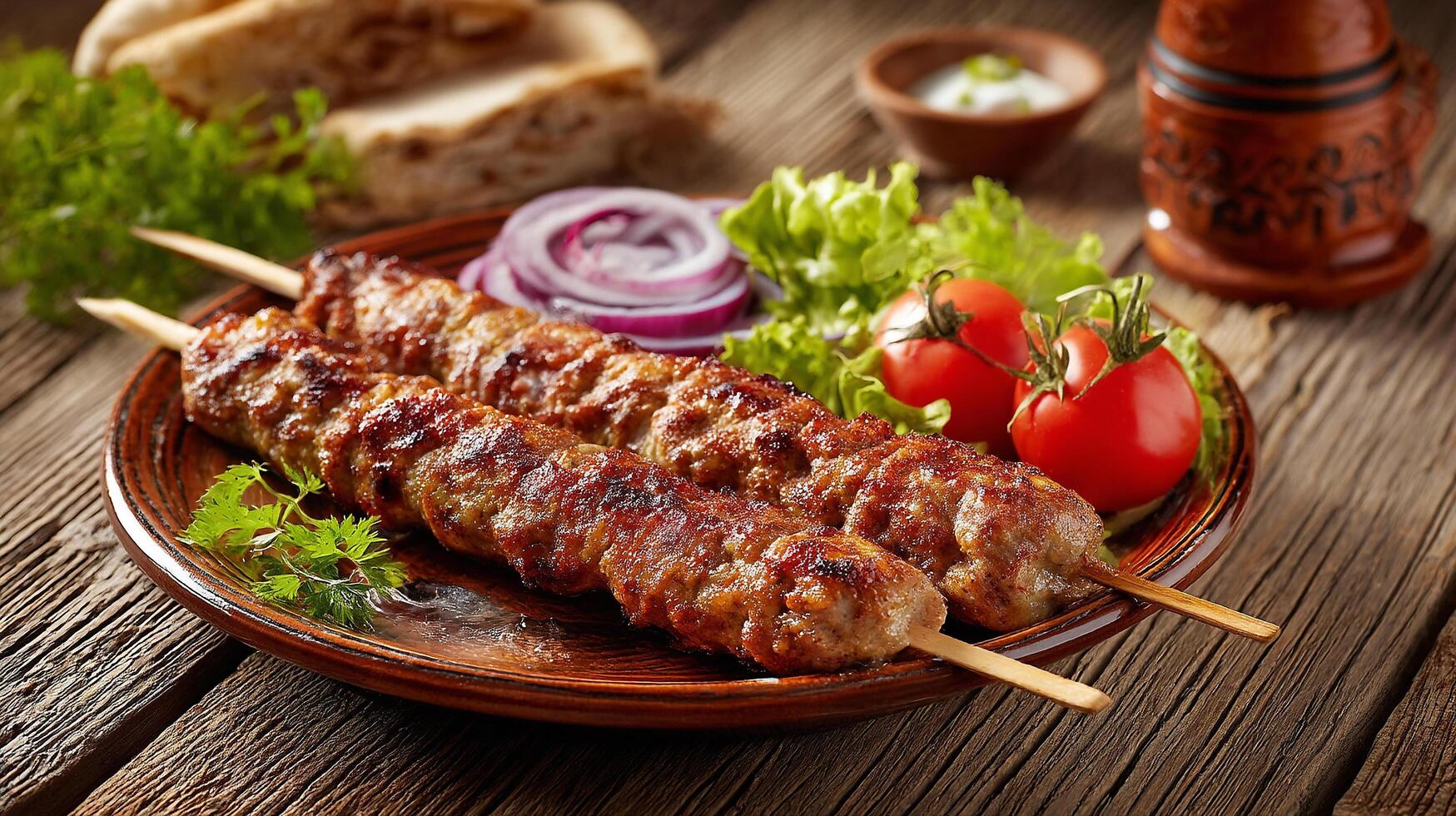 Tasty fresh kabab with juicy meat and parsley photo