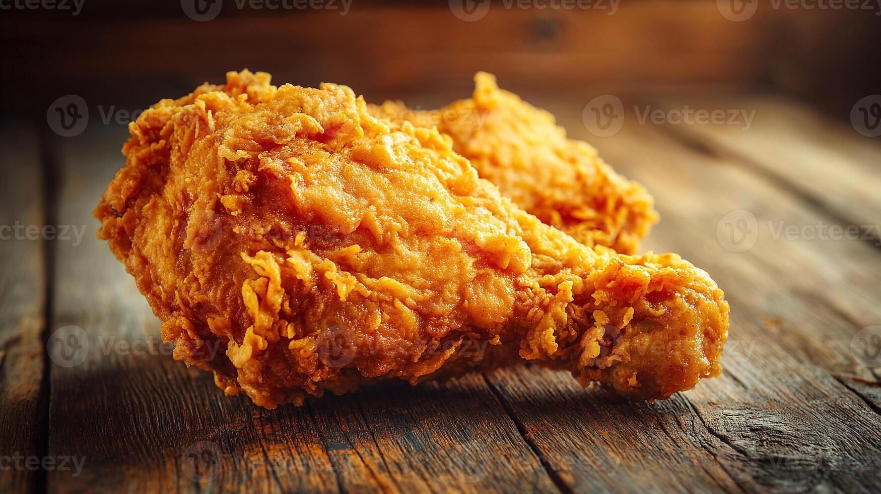 Crispy fried chicken leg on rustic table wallpaper photo