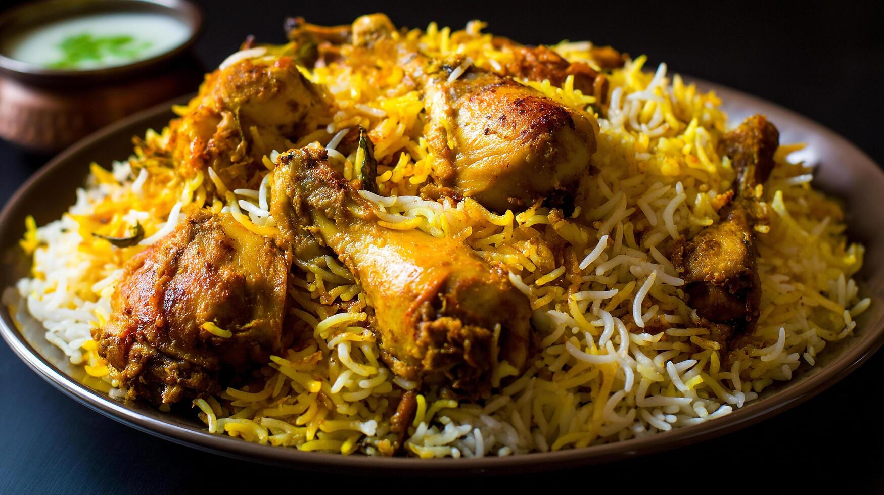 Chicken biryani close up wallpaper with visible spice and texture photo