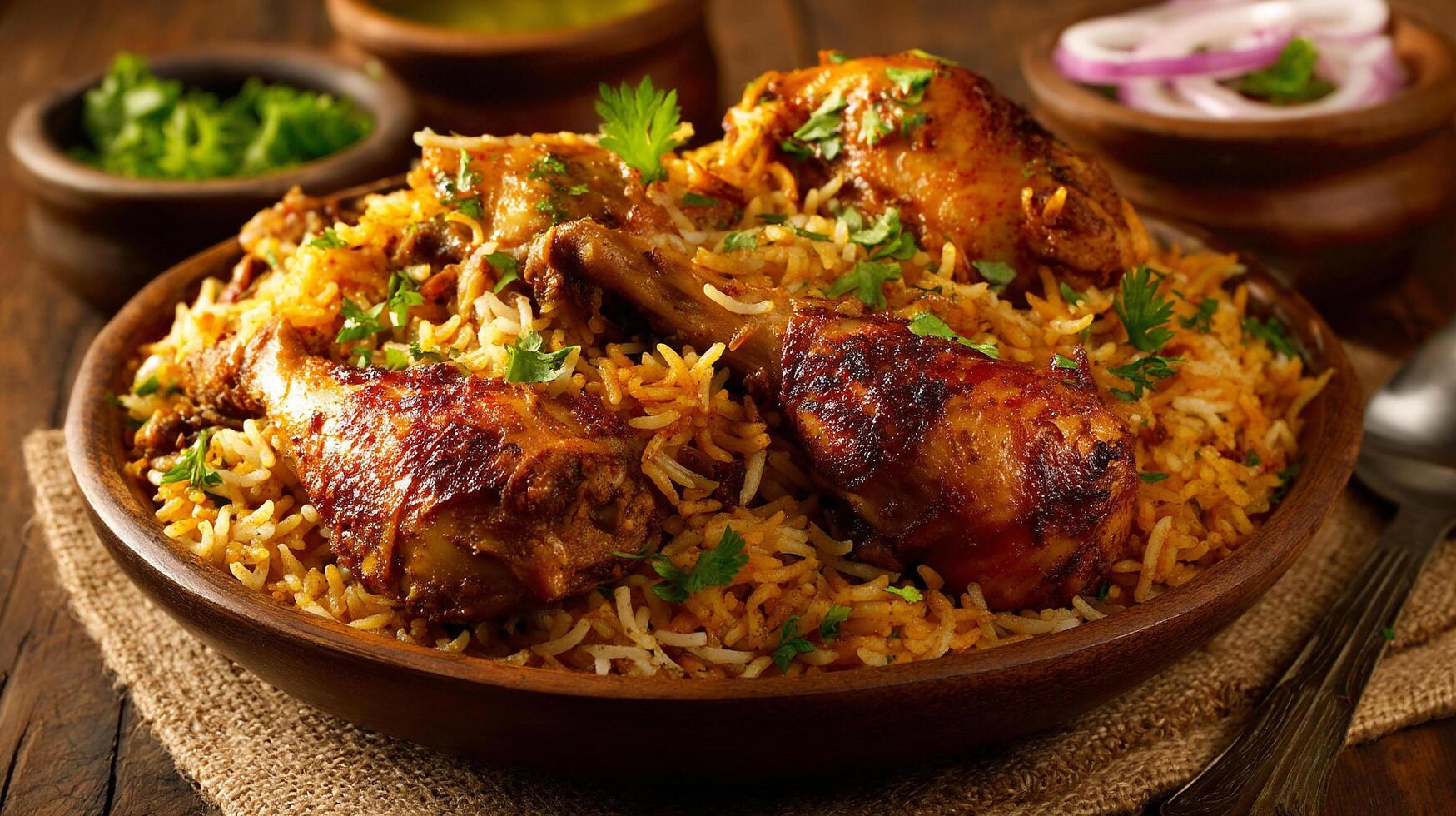 Hot biryani with crispy chicken and sharp natural light wallpaper photo