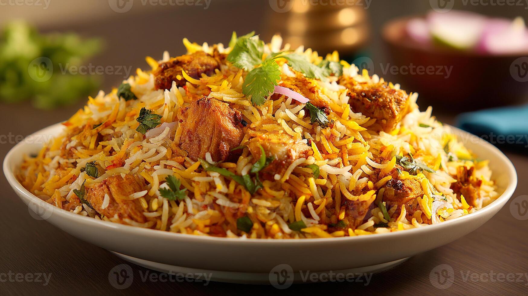 Realistic food image wallpaper of hot biryani and chicken leg photo