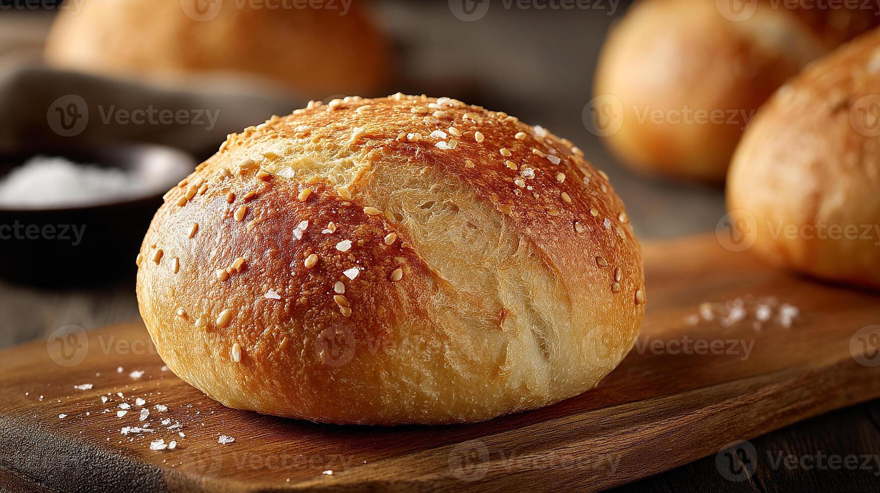 Rustic wooden table holding artisan bread with perfect light wallpaper photo