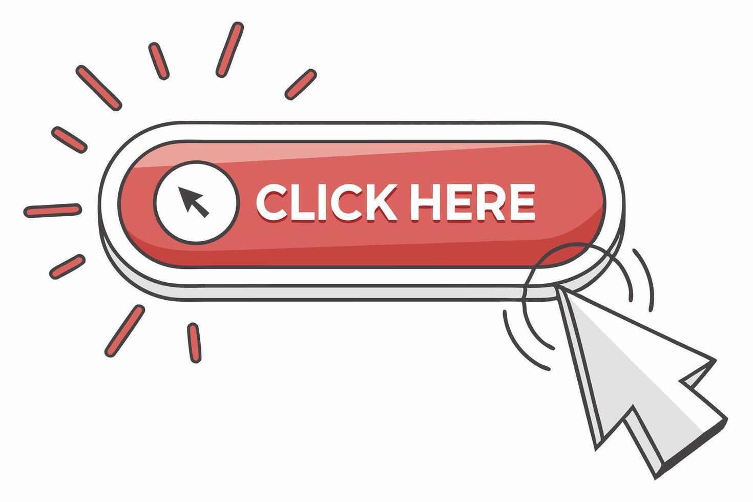 Click Here Button with mouse cursor. button website design. Click button in white background. Modern action button with mouse click symbol. Computer mouse cursor or Hand pointer symbol vector