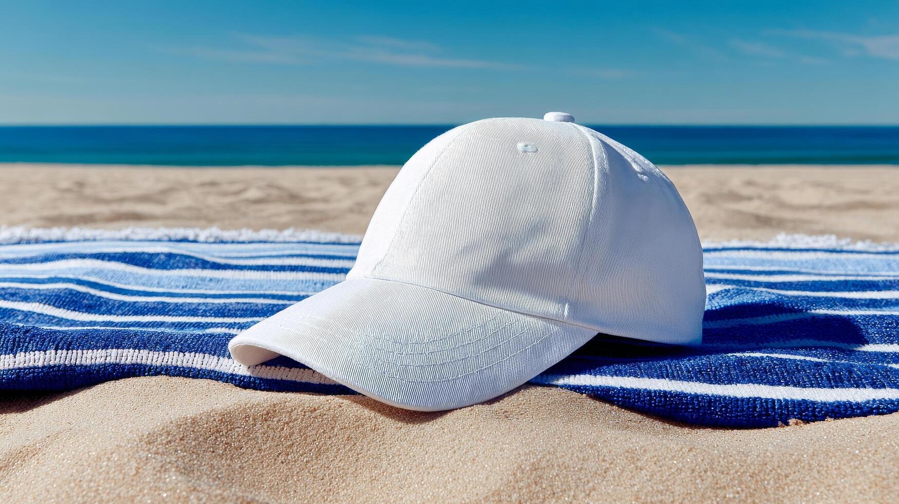 White Cap Resting on Striped Towel by the Ocean on a Sunny Beach Day photo