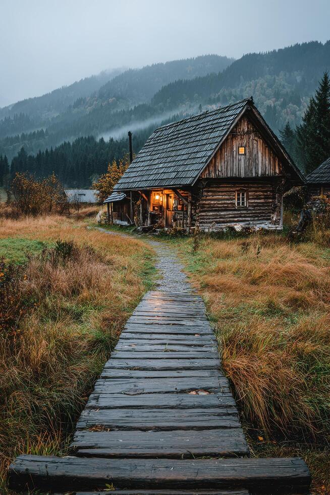 Rustic Cabin in a Serene Landscape Surrounded by Autumn Trees and Mountains in Fog. photo