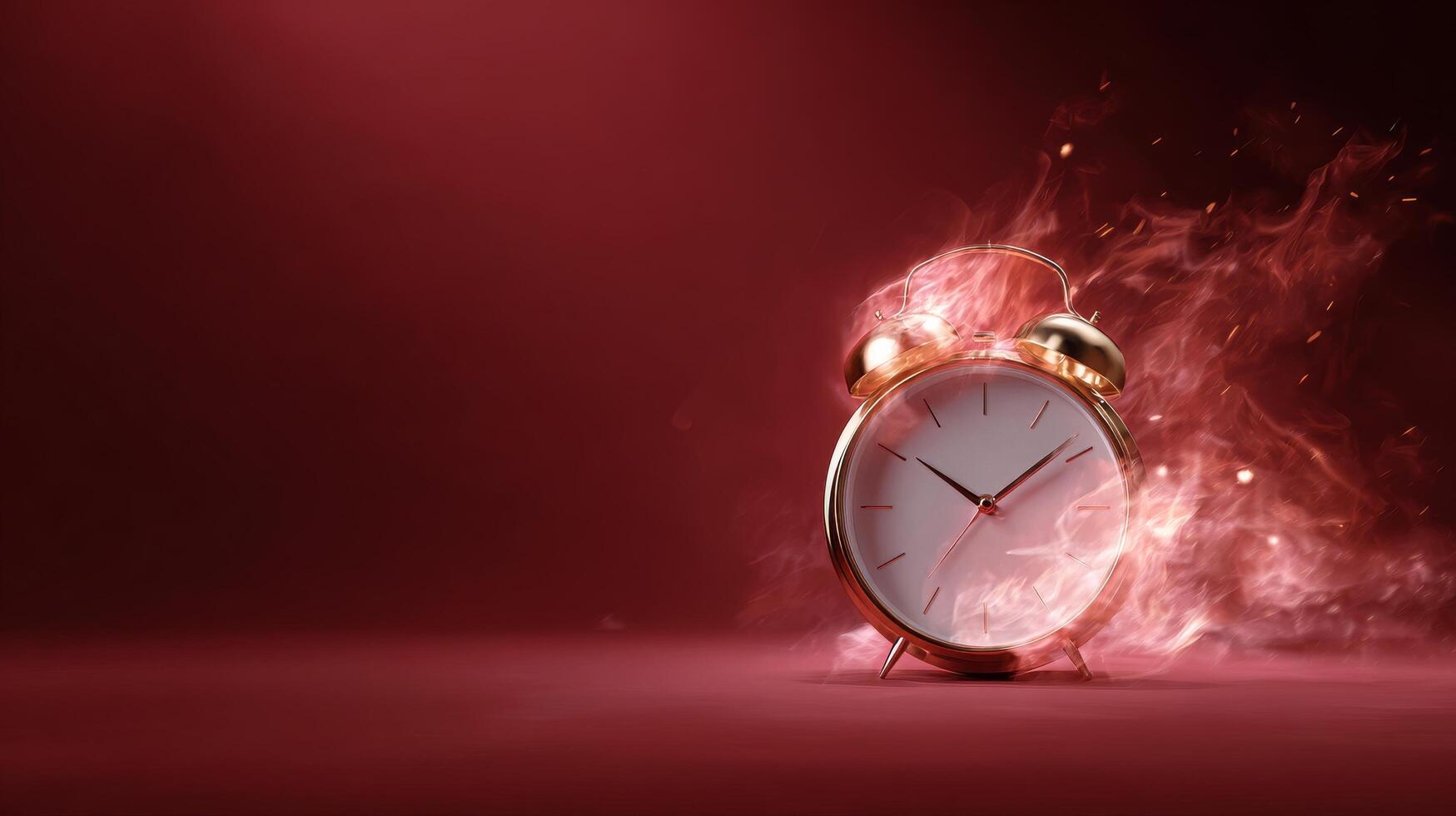 Clock Bursts Into Flames Against a Red Background Conveying Urgency and the Passage of Time. photo