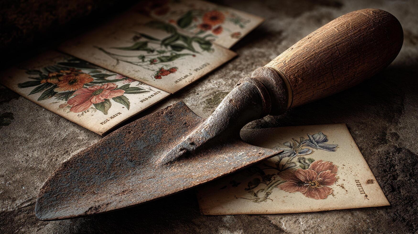 Gardening Tools and Vintage Plant Cards on Rustic Table in Warm Lighting Setting photo