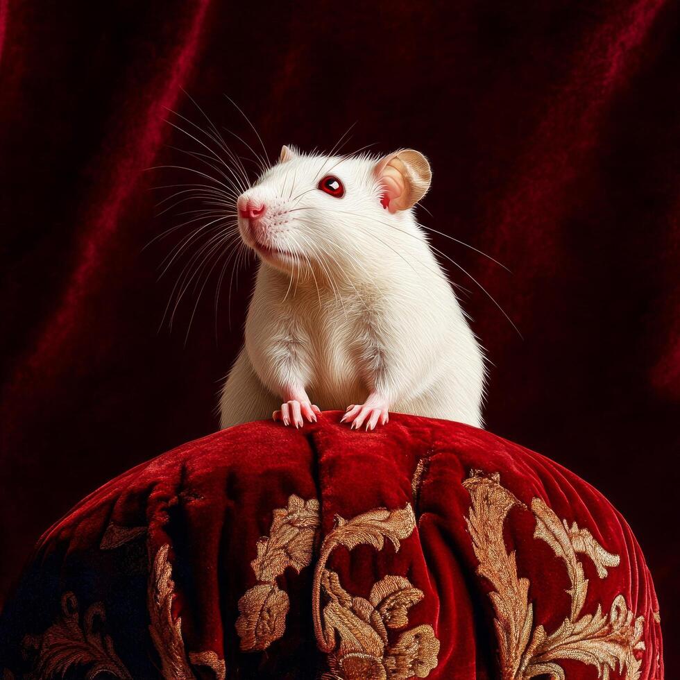 White Rat Posing Elegantly on a Red Velvet Cushion in a Luxurious Setting photo