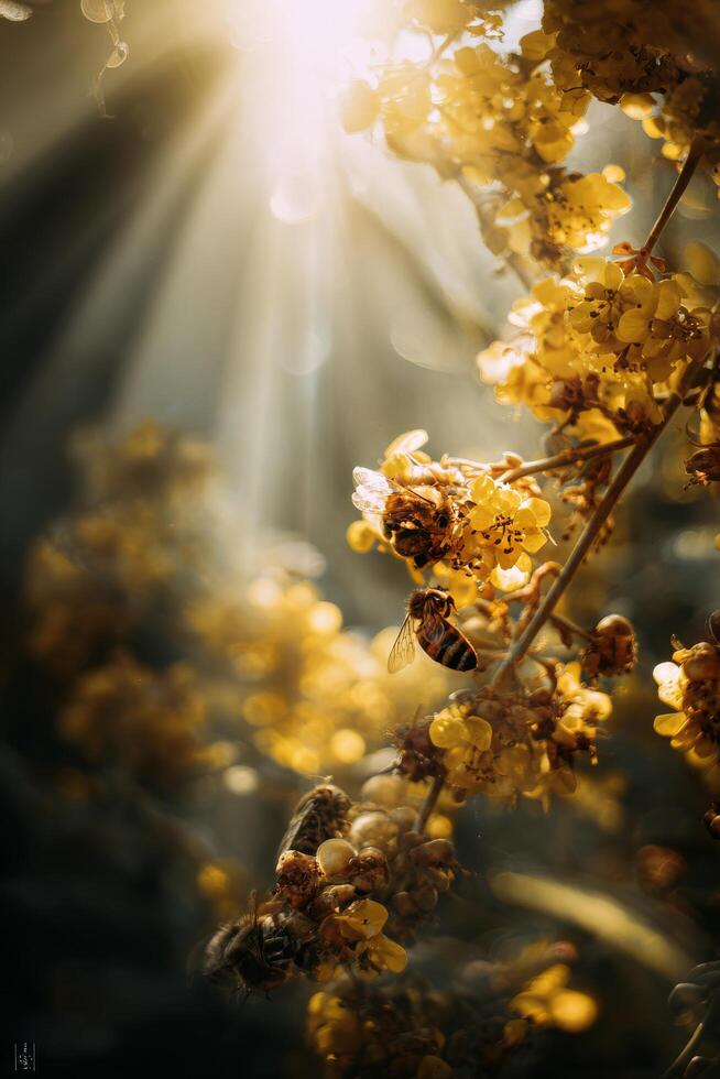 Bright Sunlight Filters Through Blooming Yellow Flowers Attracting Busy Bees in a Lush Garden photo