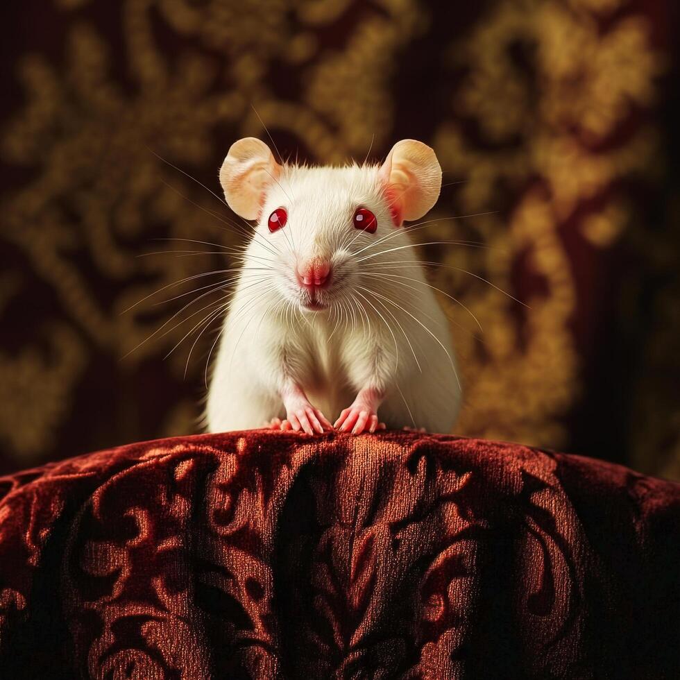 White Rat With Red Eyes Perched on a Plush Surface in a Decorative Setting photo