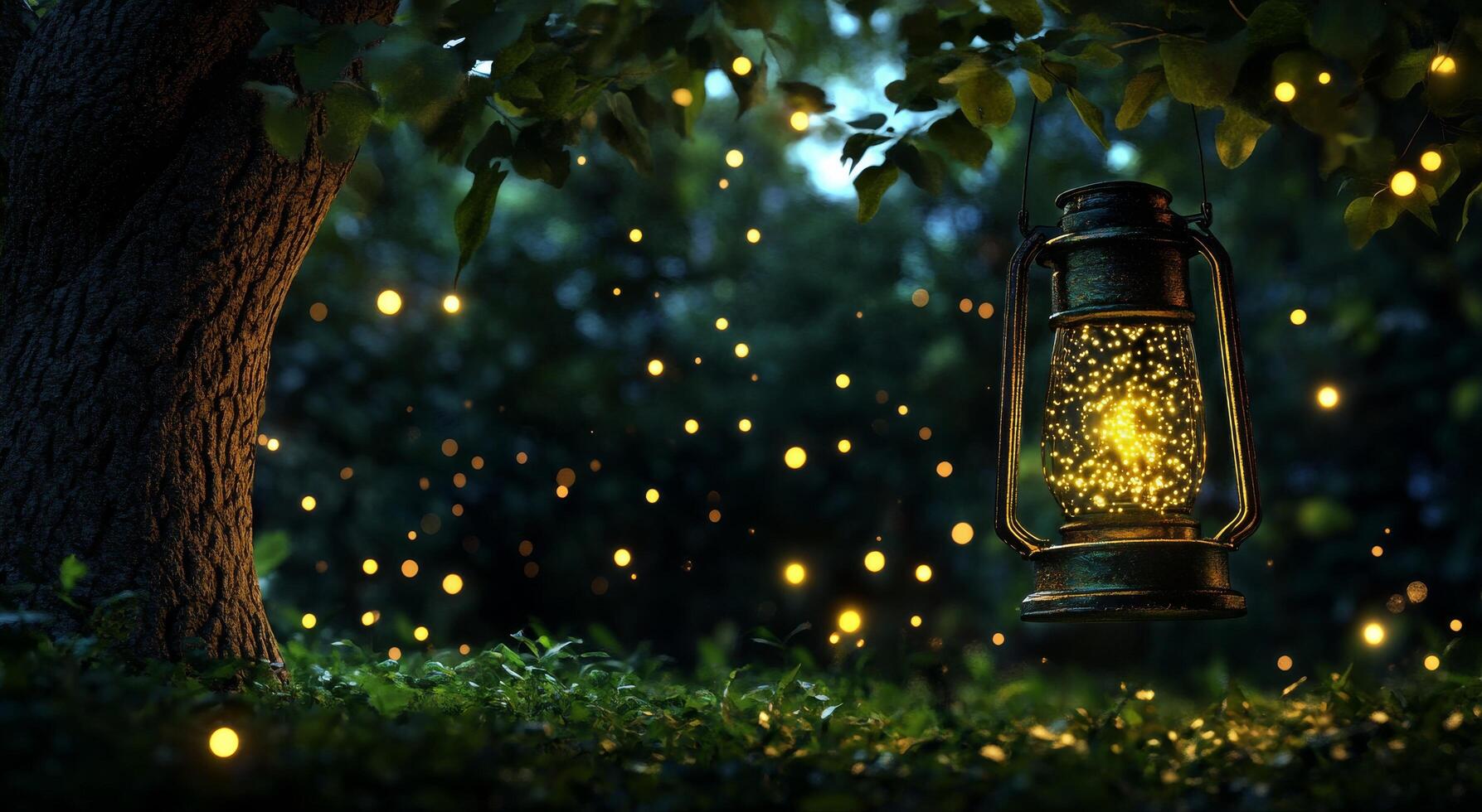 Warm Glow of Lantern Attracting Fireflies in a Serene Garden at Night. photo