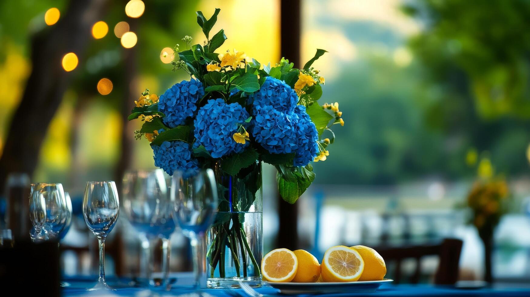 Elegant Dinner Table Setting With Blue Flowers and Fresh Lemons in a Serene Restaurant Atmosphere photo