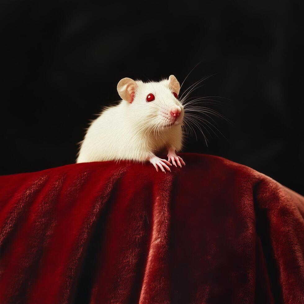 White Rat Posing Elegantly on a Red Velvet Cushion in a Luxurious Setting. photo