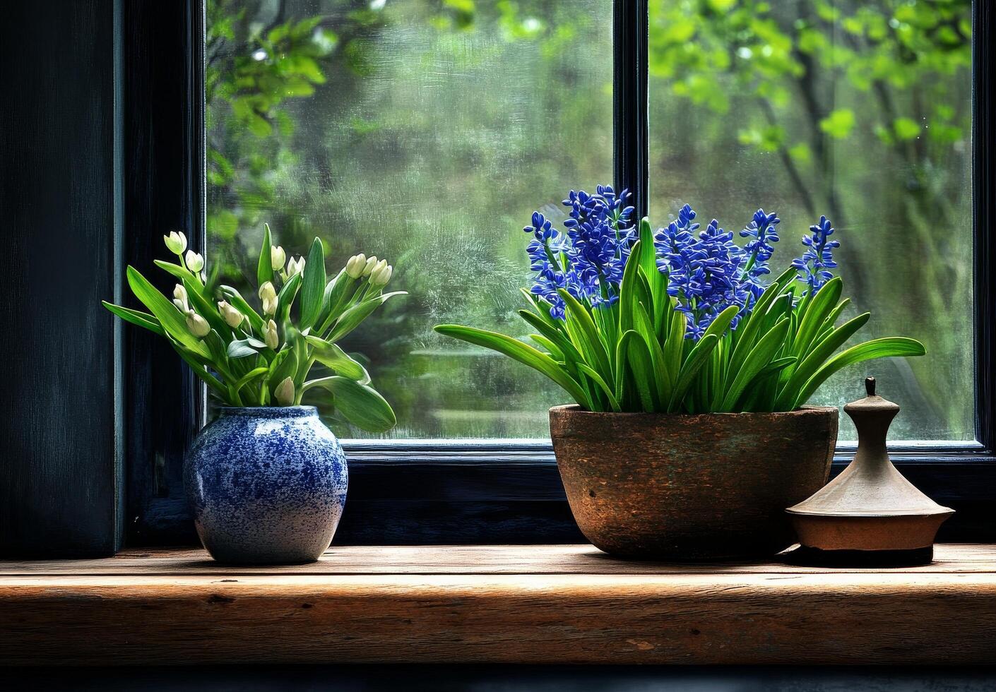 Bright Purple Flowers in Woven Basket on Window Sill With Soft Sunlight Filtering Through. photo