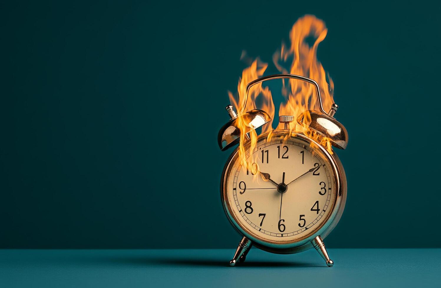 Alarm Clock on Fire Against Teal Background Emphasizing Urgency of Time Passing photo