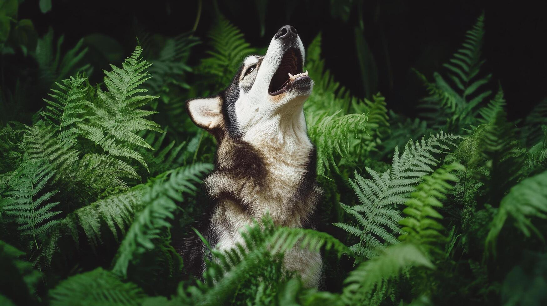 Husky Howling in Lush Green Ferns During a Sunny Day in the Forest photo