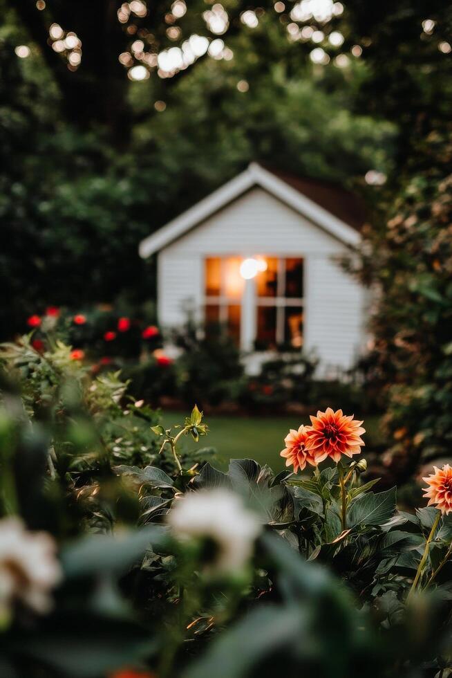Cozy Garden View With Blooming Flowers and a Warm Cottage Glow During Twilight Hours photo