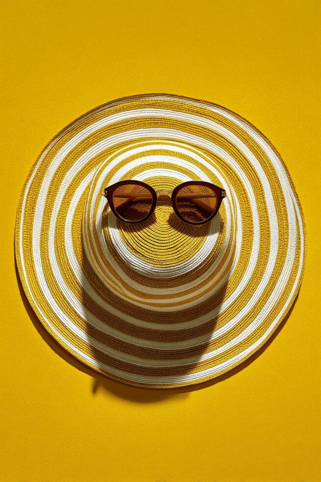 Stylish Sun Hat and Sunglasses Set on Vibrant Yellow Background for Summer Vibes photo