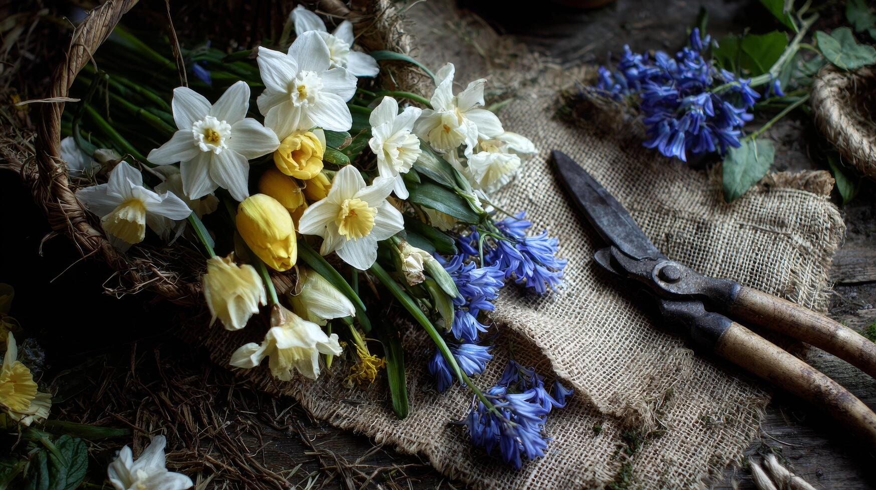 Bright Spring Flowers Arranged in a Woven Basket With Garden Scissors on Burlap Fabric. photo