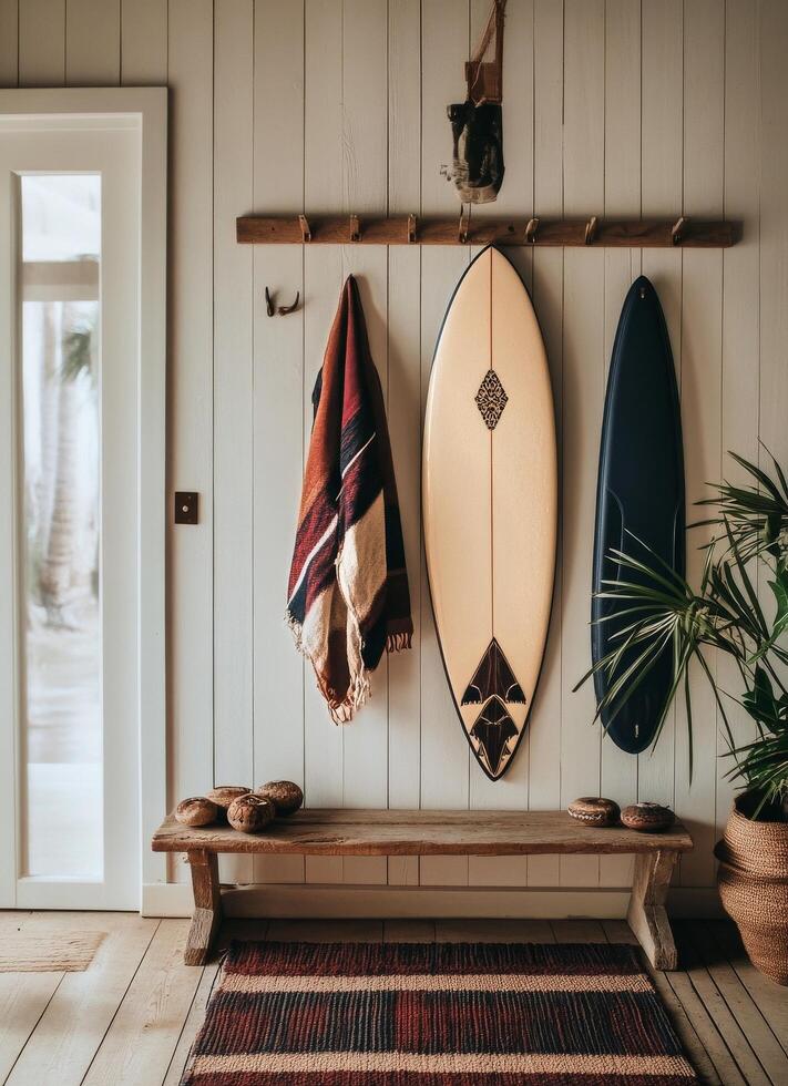 Stylish Coastal Living Room With Bohemian Decor and Surfboard on Display. photo