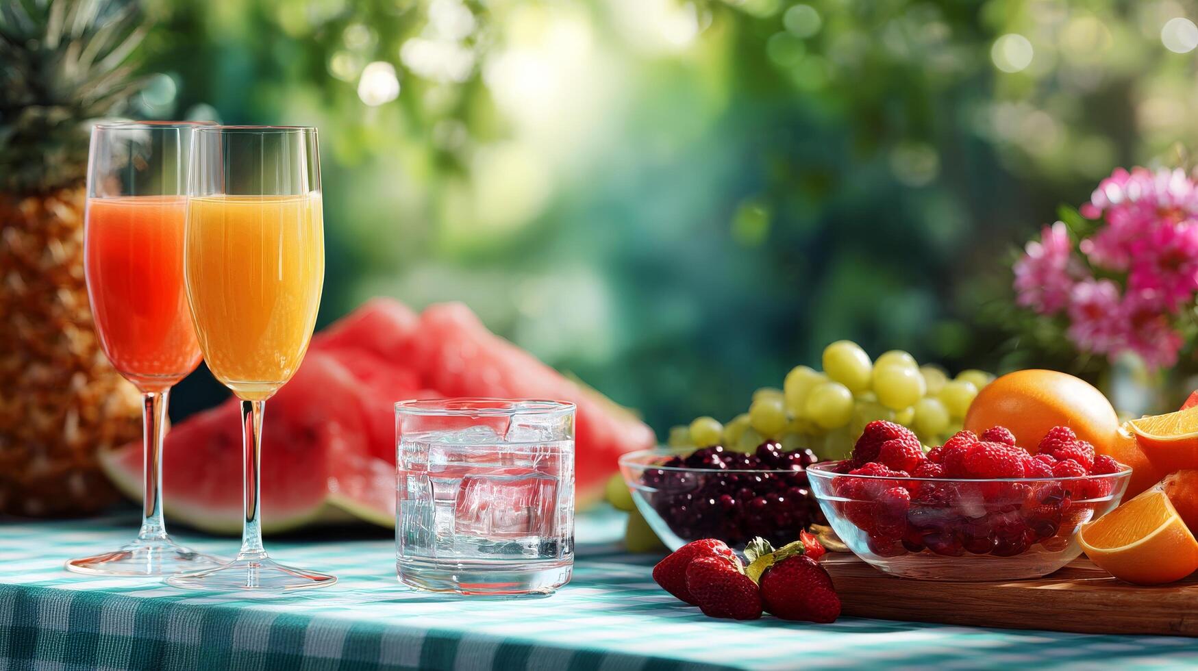 Colorful Fruit and Refreshing Drinks Displayed on a Checkered Tablecloth in a Sunny Garden Setting photo