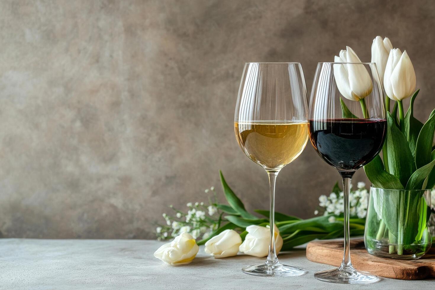 Celebration Setup With White Wine, Glasses, Tulips, and Corks on a Light Background. photo