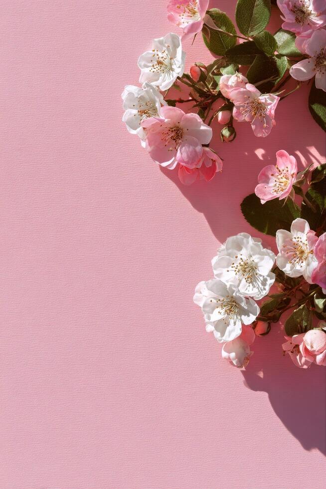 Delicate Pink and White Flowers Arranged Artfully on a Soft Pink Background During Spring photo