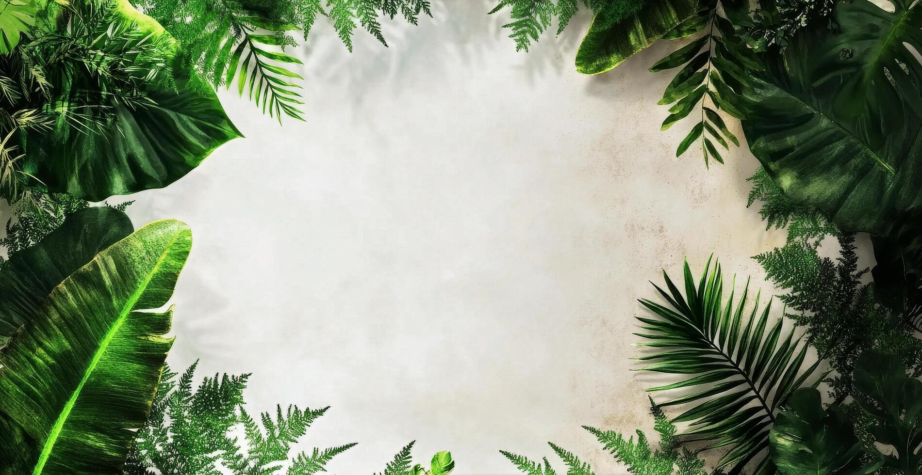 Green Leaves Border Creating a Natural Frame for a Neutral Background Suitable for Design Projects. photo
