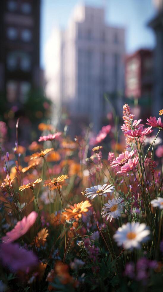 Colorful Wildflowers Bloom in an Urban Setting During a Bright Sunny Day in Spring photo