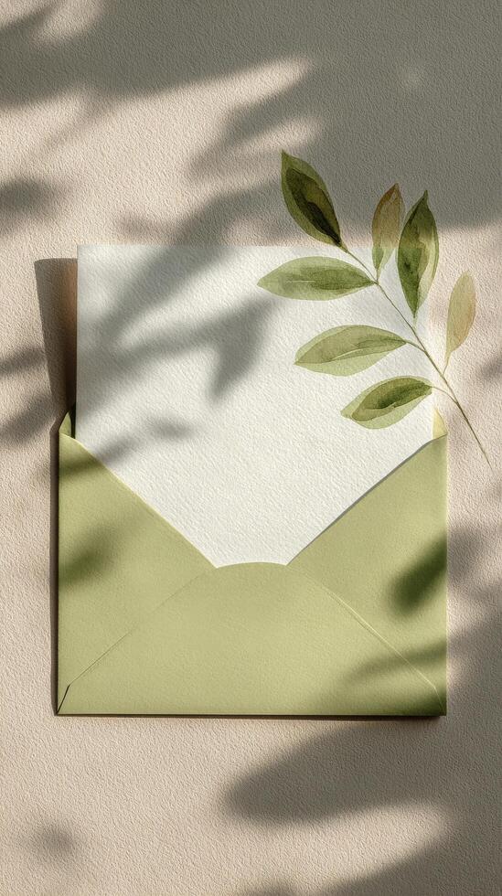 Elegant Green Envelope With Leaf Shadow on Soft Beige Background During Daylight photo