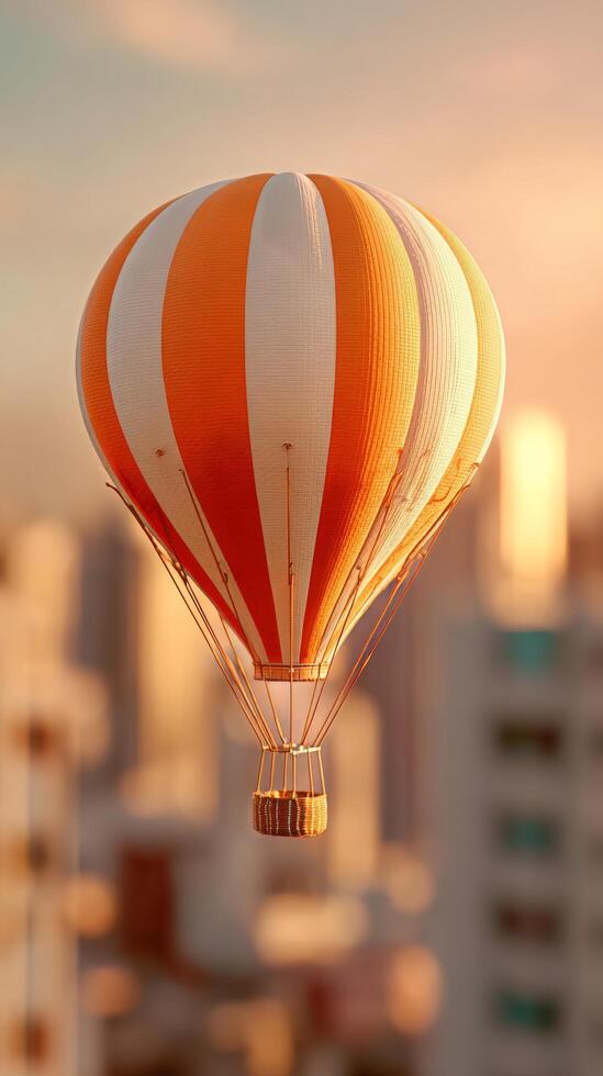 Colorful Hot Air Balloon Floating Above a City at Sunset Capturing Serene Moments From Above. photo